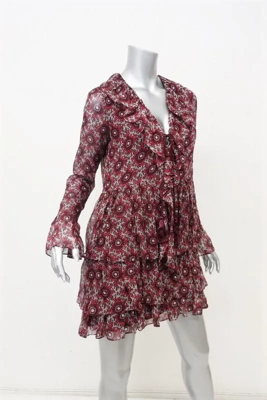 Cinq a Sept Dress Jasmine Red Printed Chiffon Size Extra Long Sleeve Tiered Mini