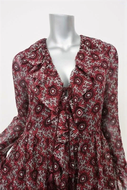 Cinq a Sept Dress Jasmine Red Printed Chiffon Size Extra Long Sleeve Tiered Mini