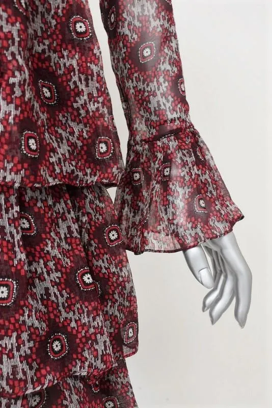 Cinq a Sept Dress Jasmine Red Printed Chiffon Size Extra Long Sleeve Tiered Mini