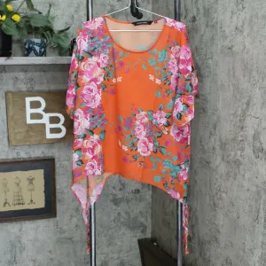 Colleen Lopez Women's Chiffon Poncho Top Orange Floral XS