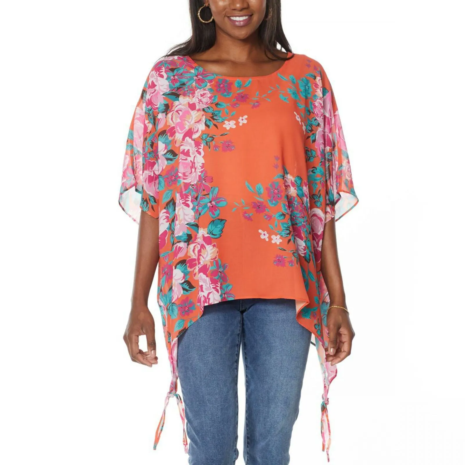 Colleen Lopez Women's Chiffon Poncho Top Orange Floral XS