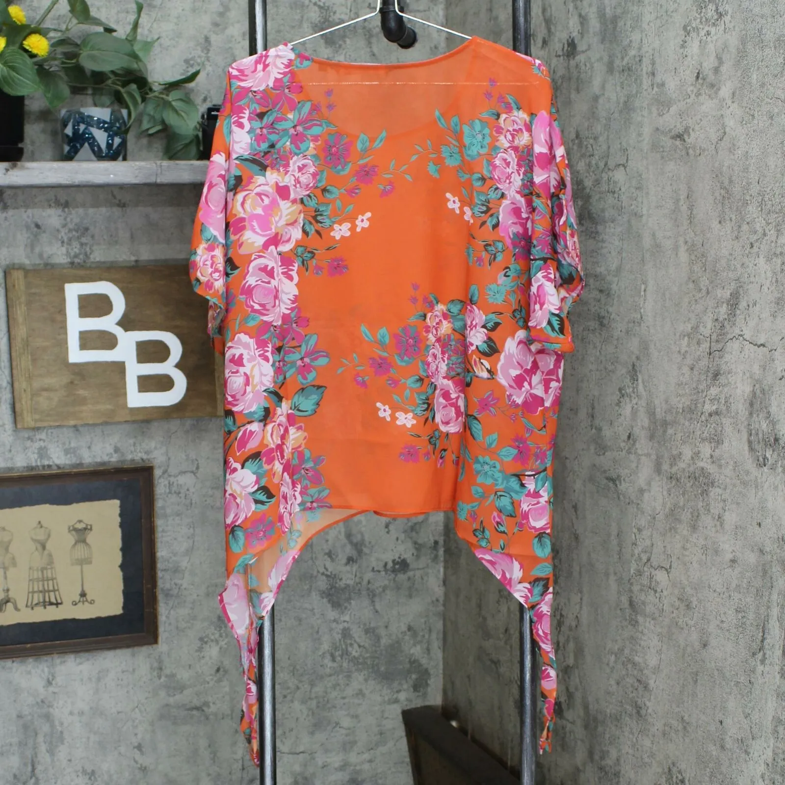 Colleen Lopez Women's Chiffon Poncho Top Orange Floral XS