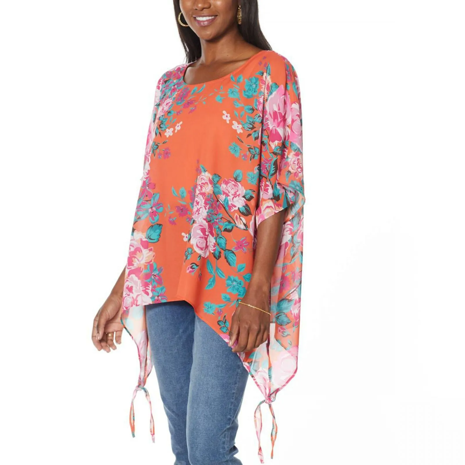 Colleen Lopez Women's Chiffon Poncho Top Orange Floral XS