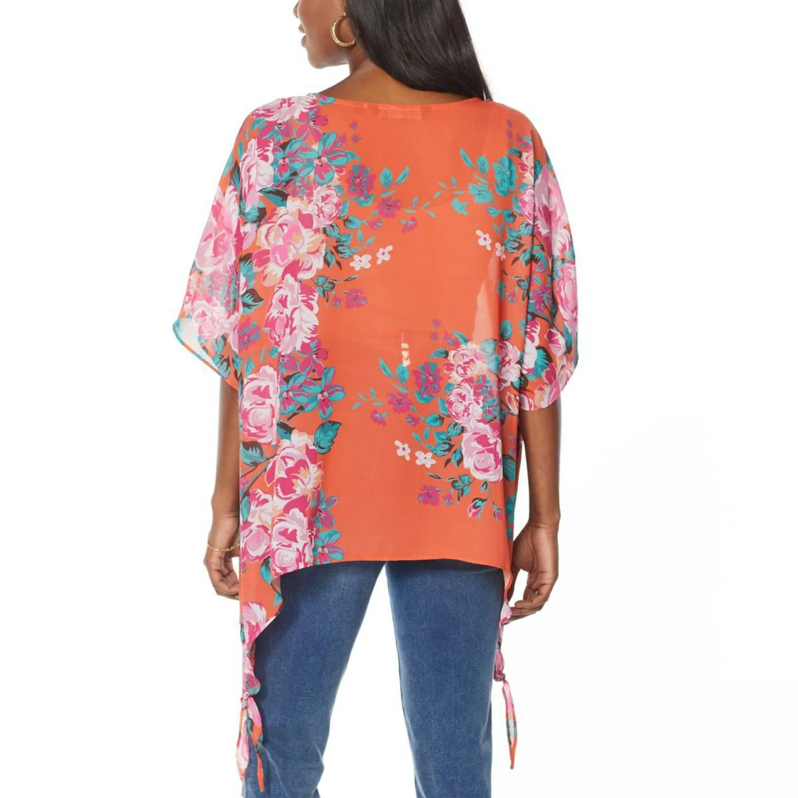 Colleen Lopez Women's Chiffon Poncho Top Orange Floral XS