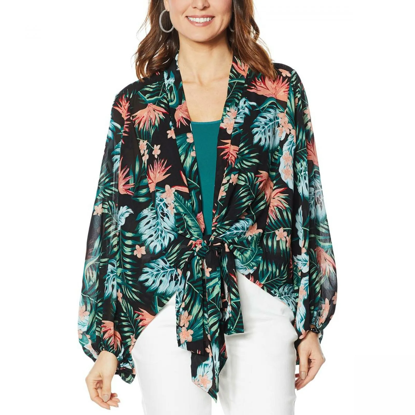 Colleen Lopez Women's Printed Tie Front Topper Kimono