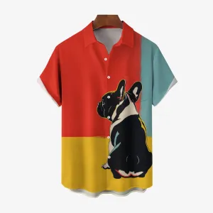 Contrast Bulldog Print Casual Oversized Short Sleeve Shirt 2407003501