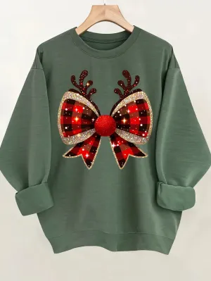 Cozy Women's Christmas Bow Print Pullover Sweatshirt - Casual Long Sleeve Crew Neck for Spring & Fall Seasons