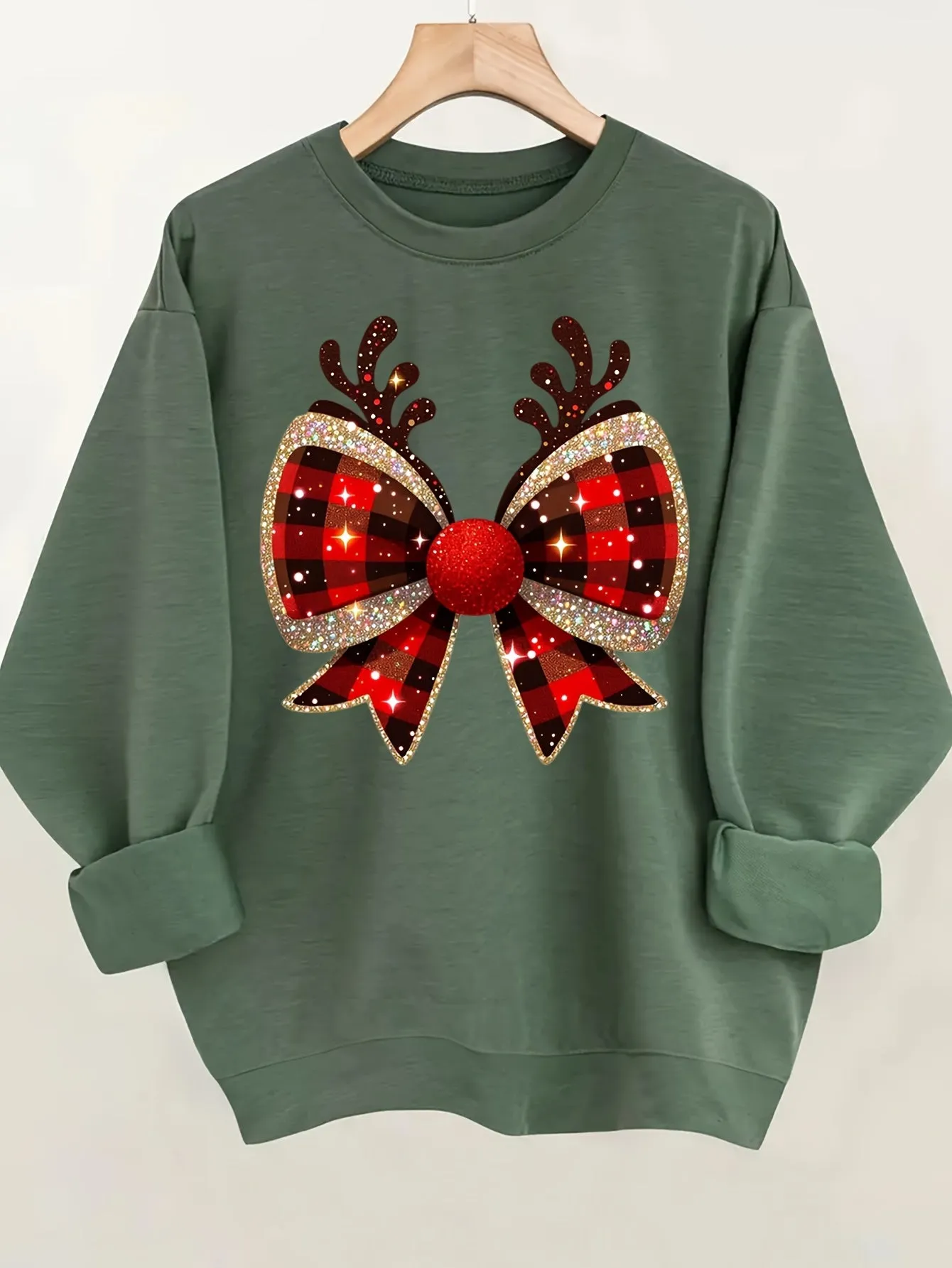 Cozy Women's Christmas Bow Print Pullover Sweatshirt - Casual Long Sleeve Crew Neck for Spring & Fall Seasons