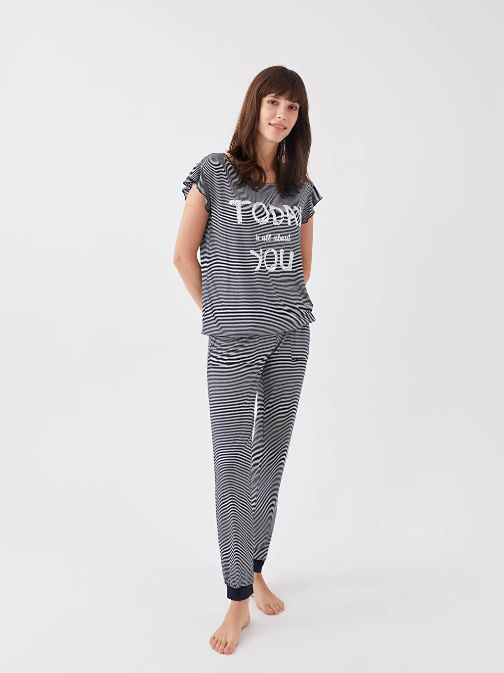 Crew Neck Striped Short Sleeve Women's Pajama Set