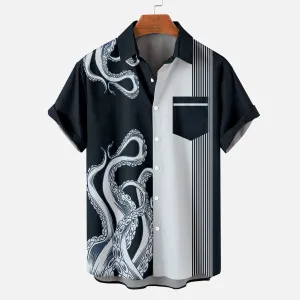 Cthulhu Octopus Stripe Pattern Men's Short Sleeve Tops