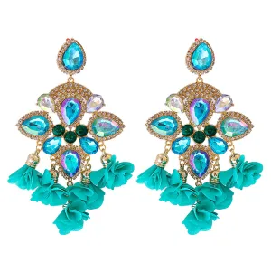 Cubic Zirconia & Blue Crystal Silk 18K Gold-Plated Floral Drop Earrings
