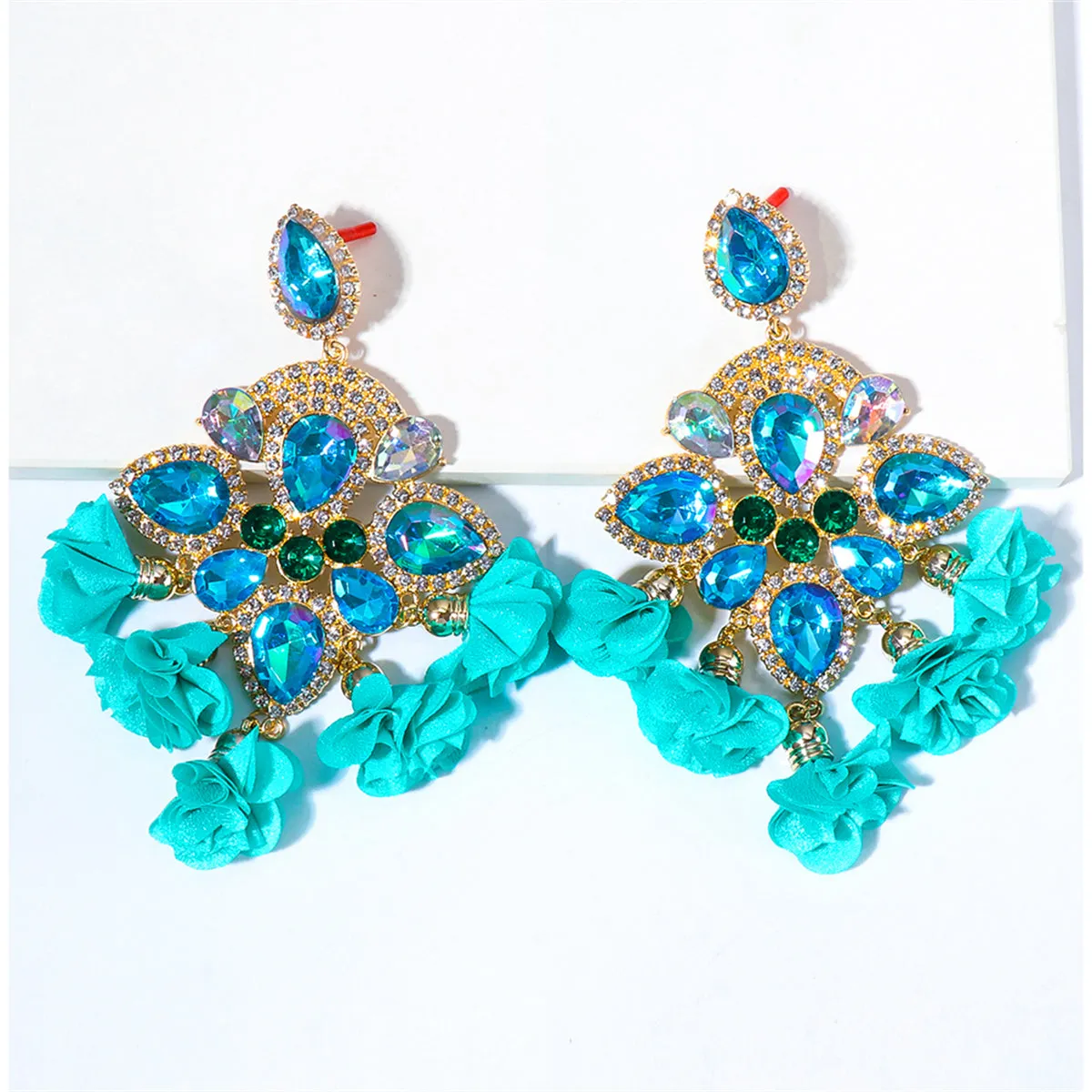 Cubic Zirconia & Blue Crystal Silk 18K Gold-Plated Floral Drop Earrings