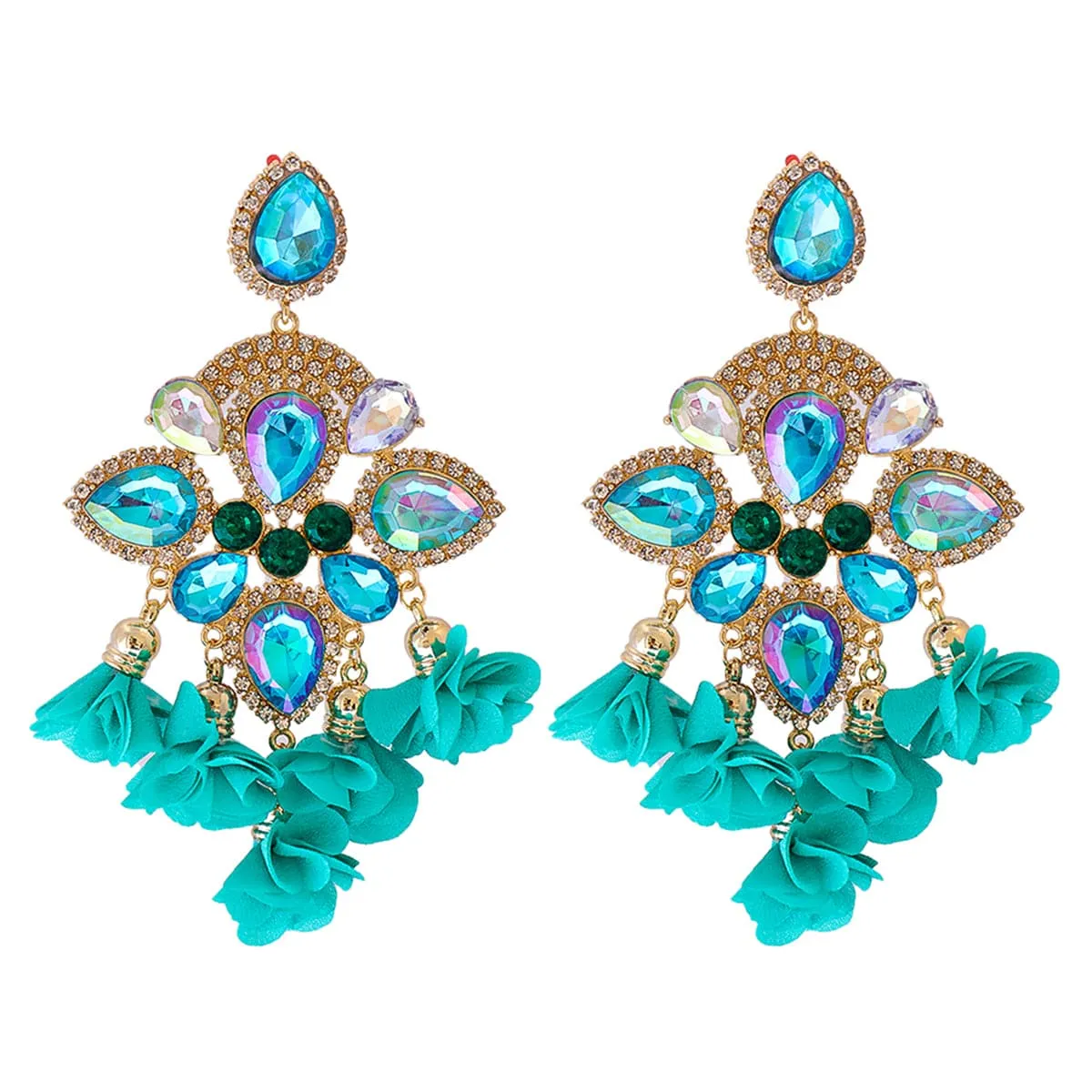 Cubic Zirconia & Blue Crystal Silk 18K Gold-Plated Floral Drop Earrings