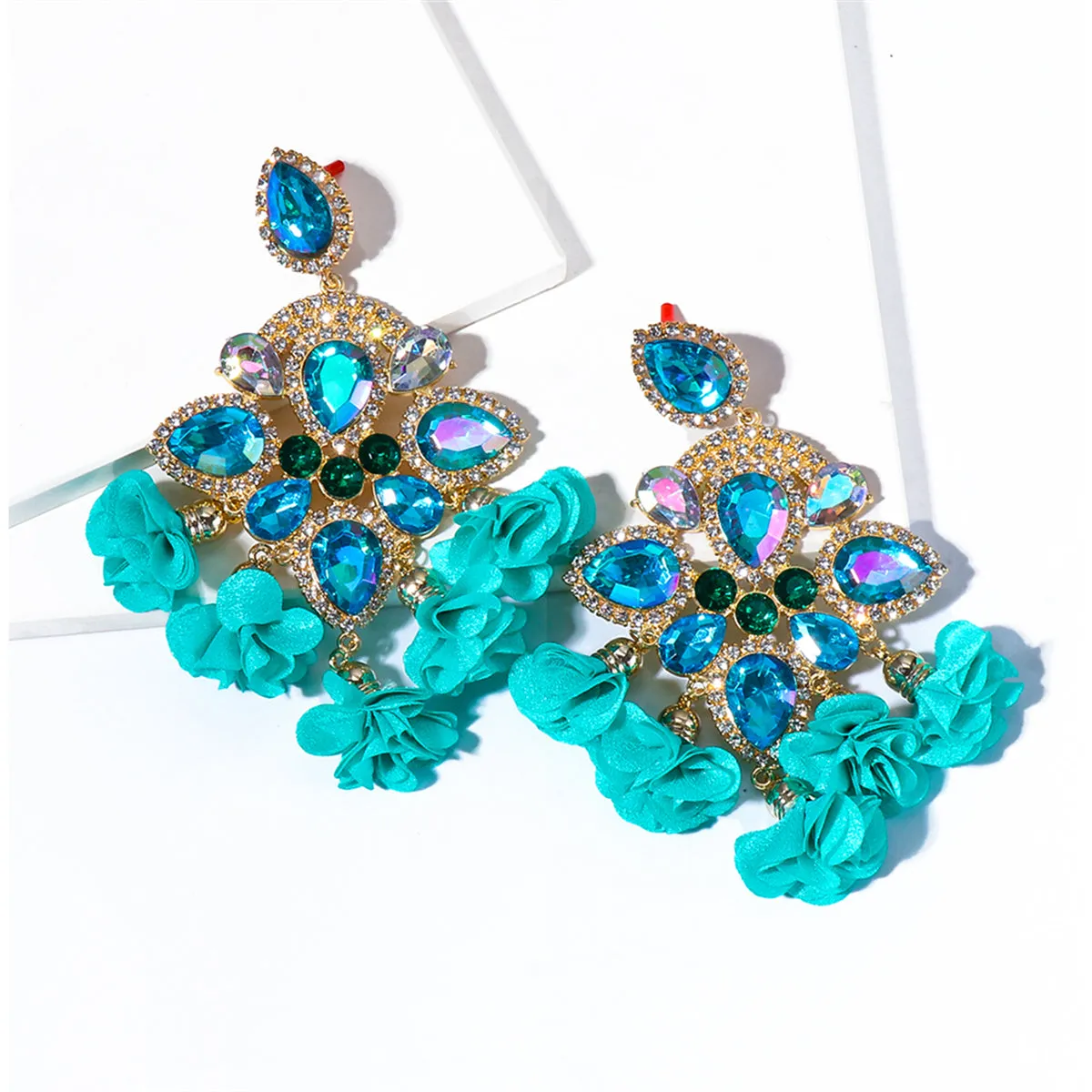 Cubic Zirconia & Blue Crystal Silk 18K Gold-Plated Floral Drop Earrings