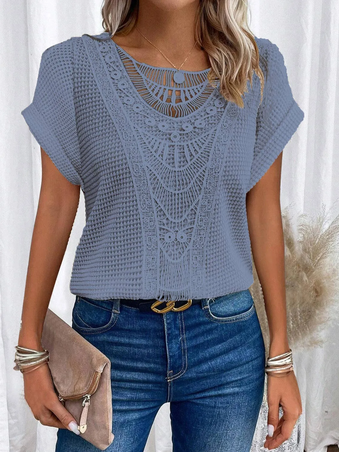 CUT-OUT LACE PATCHWORK SHORT SLEEVE T-SHIRT