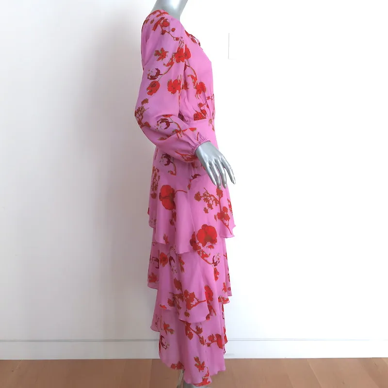 Cynthia Rowley Long Sleeve Asymmetrical Midi Dress Zuma Pink Floral Print Size 6