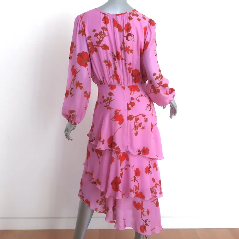 Cynthia Rowley Long Sleeve Asymmetrical Midi Dress Zuma Pink Floral Print Size 6