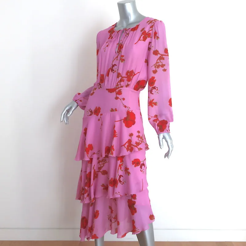 Cynthia Rowley Long Sleeve Asymmetrical Midi Dress Zuma Pink Floral Print Size 6
