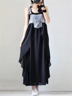 Denim Chiffon Patchwork Overall Dress for Women