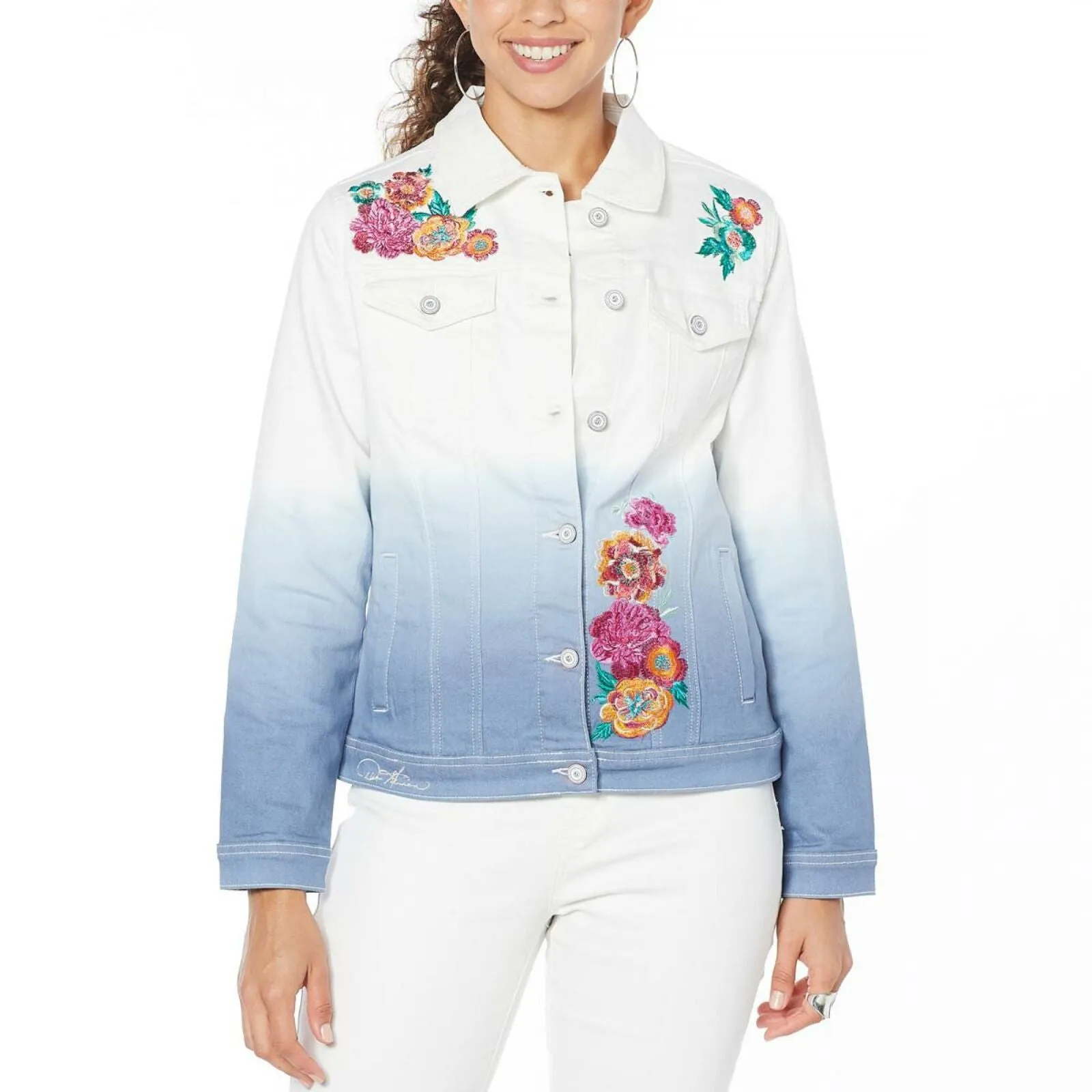 DG2 by Diane Gilman Women's Embroidered Signature Denim Jean Jacket