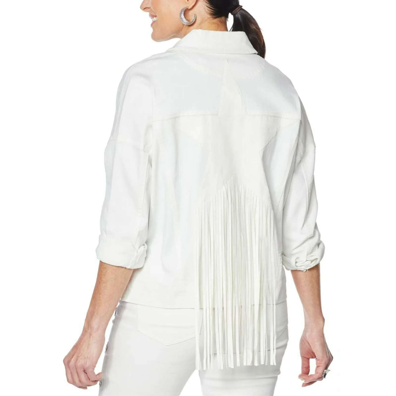 DG2 by Diane Gilman Women's Fringe Star Denim Jean Jacket Ivory Large