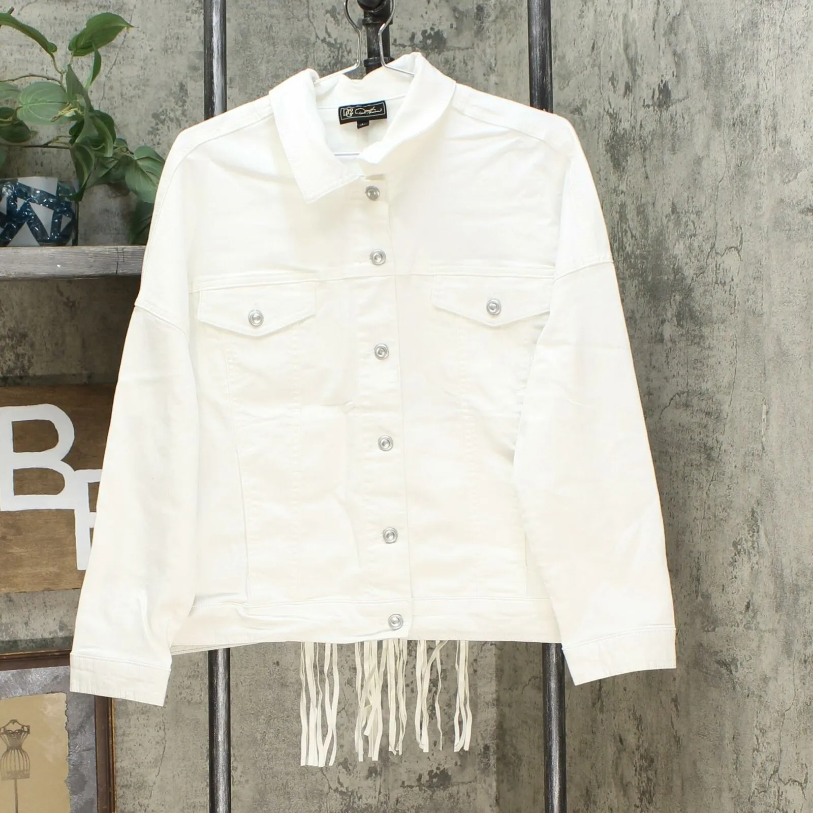 DG2 by Diane Gilman Women's Fringe Star Denim Jean Jacket Ivory Large