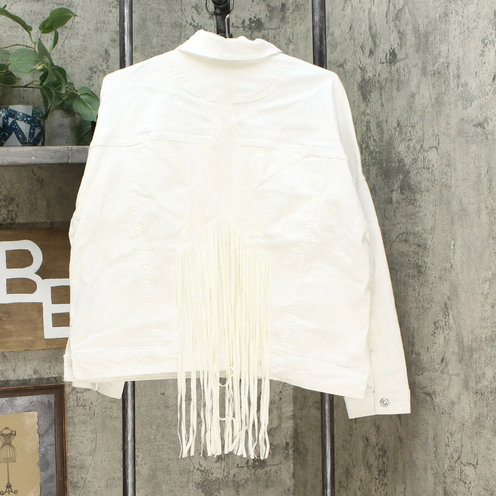DG2 by Diane Gilman Women's Fringe Star Denim Jean Jacket Ivory Large