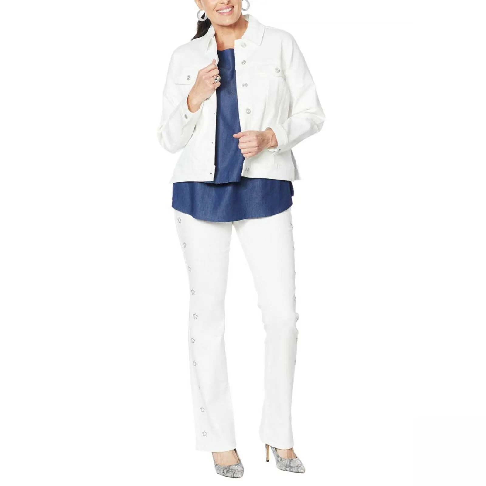 DG2 by Diane Gilman Women's Fringe Star Denim Jean Jacket Ivory Large