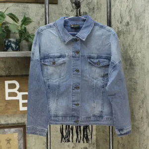 DG2 by Diane Gilman Women's Fringe Star Denim Jean Jacket Large Midtone