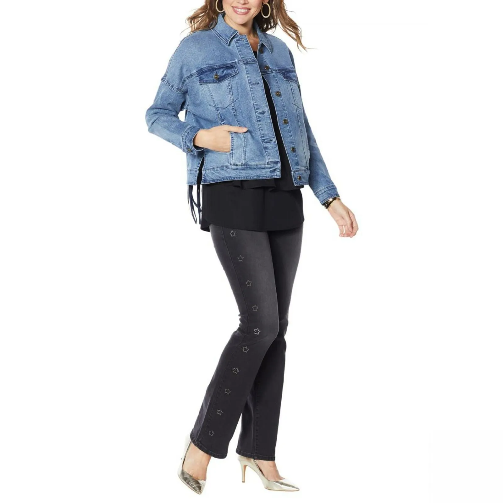 DG2 by Diane Gilman Women's Fringe Star Denim Jean Jacket Large Midtone