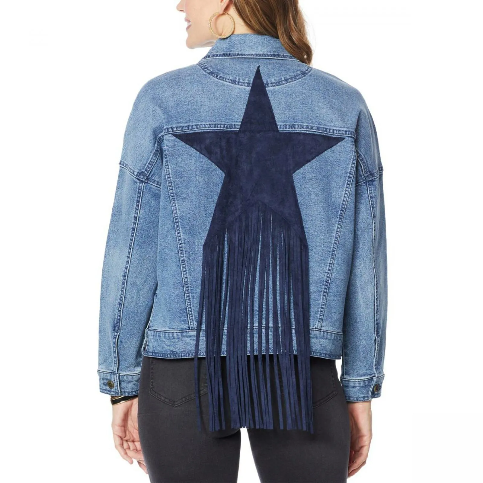 DG2 by Diane Gilman Women's Fringe Star Denim Jean Jacket Large Midtone