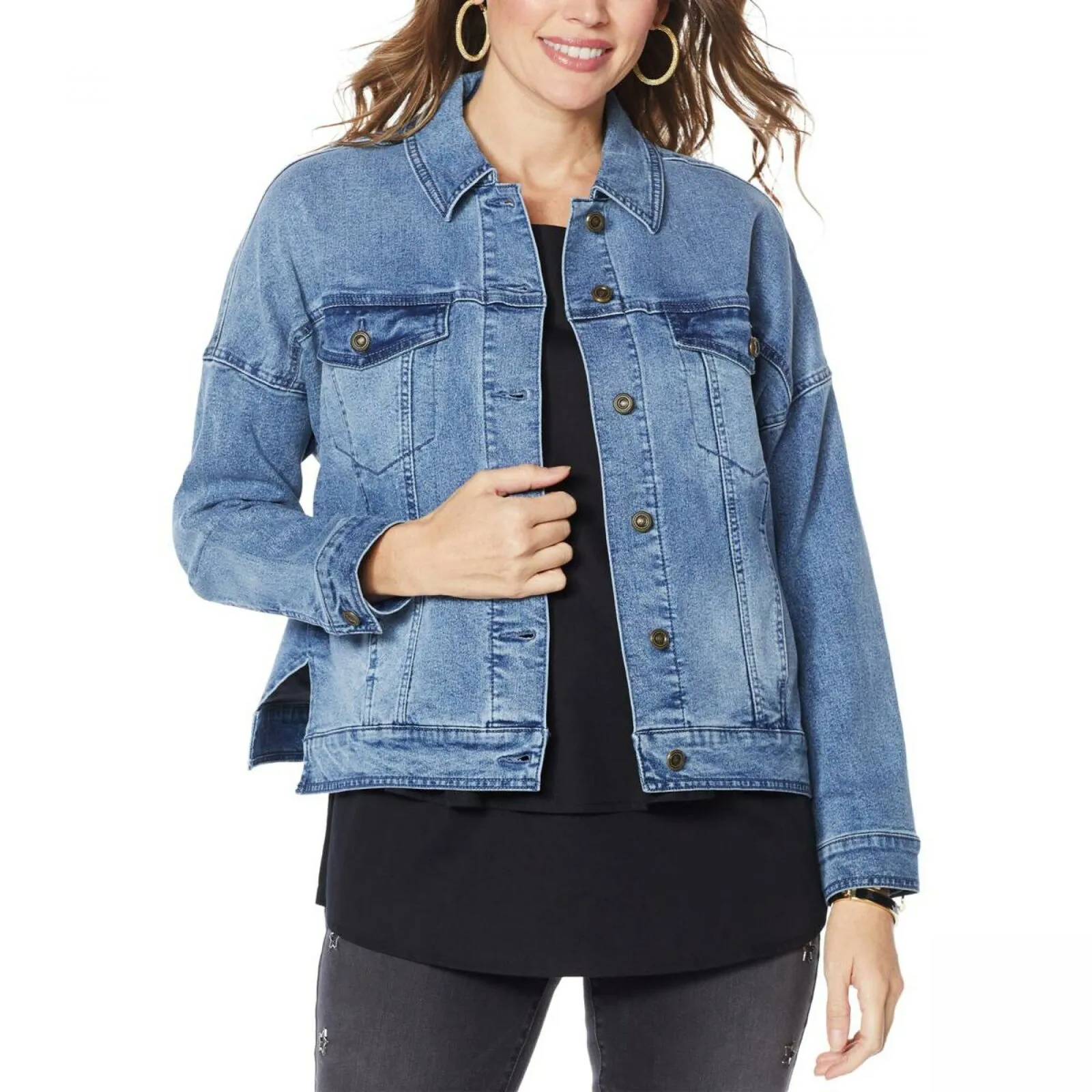 DG2 by Diane Gilman Women's Fringe Star Denim Jean Jacket Large Midtone