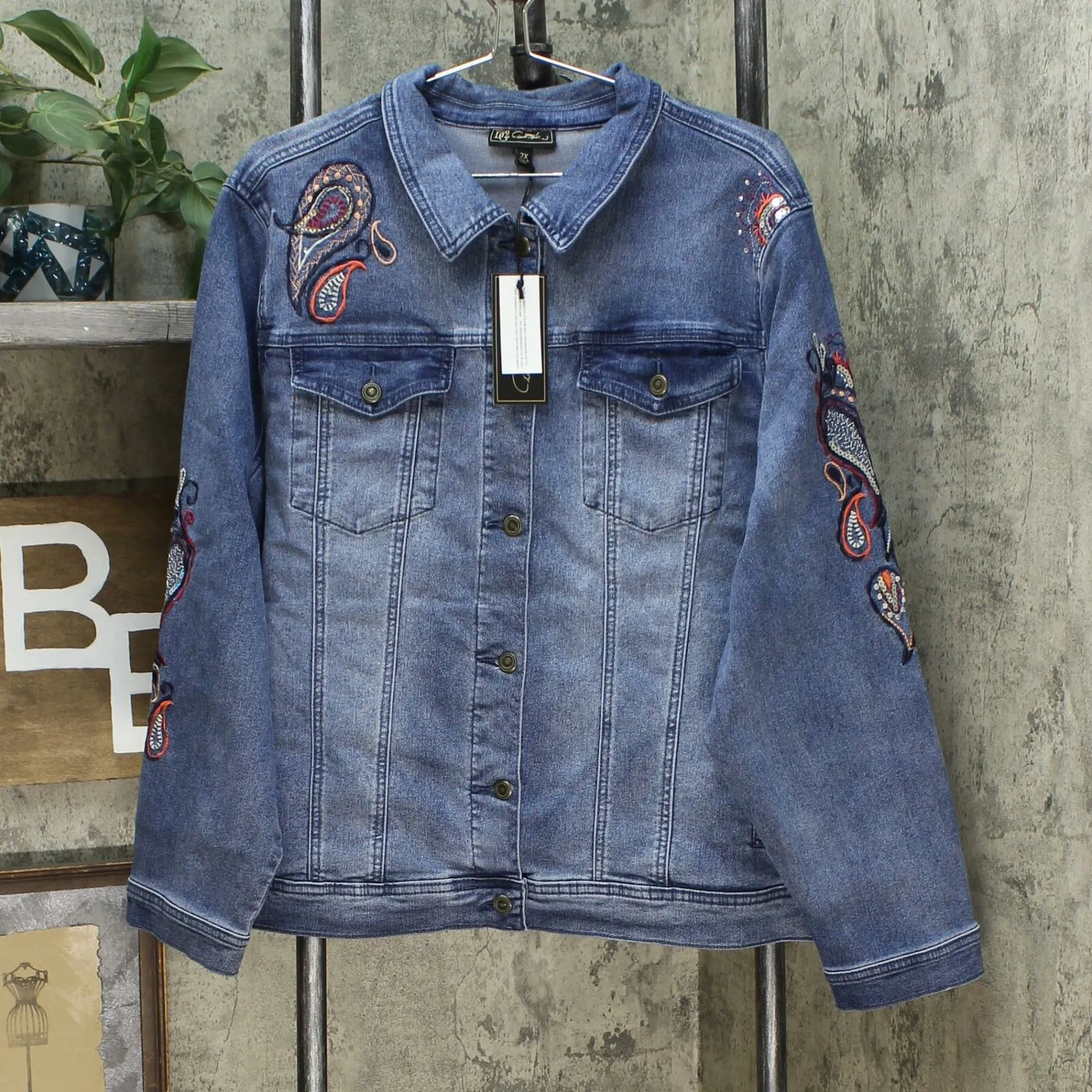 DG2 by Diane Gilman Women's Plus Size Embroidered Signature Jean Jacket