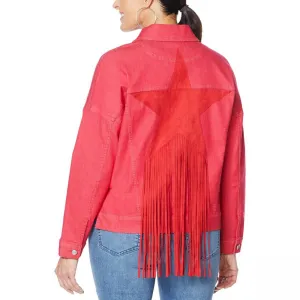 DG2 by Diane Gilman Women's Plus Size Fringed Star Denim Jean Jacket