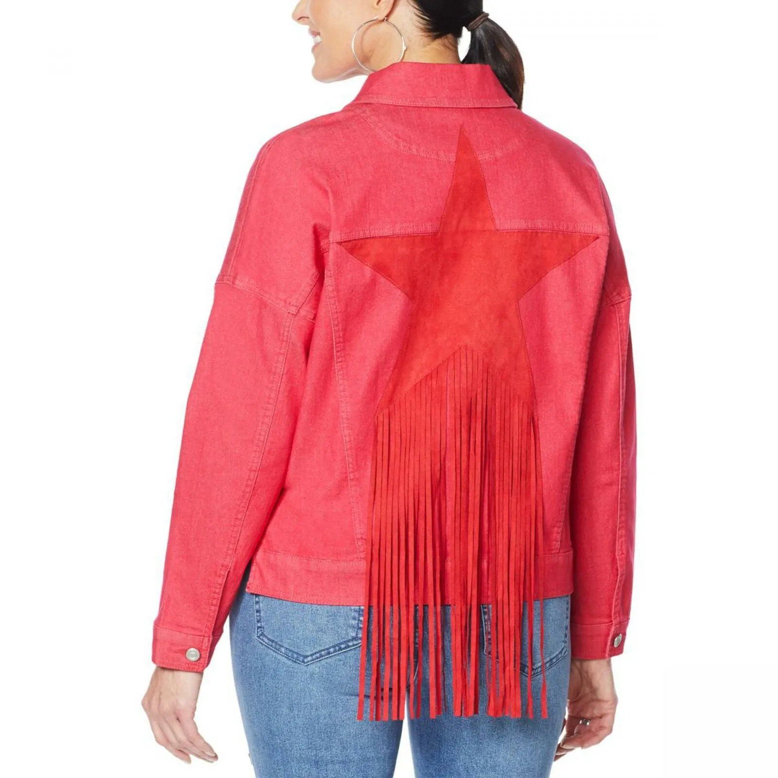 DG2 by Diane Gilman Women's Plus Size Fringed Star Denim Jean Jacket