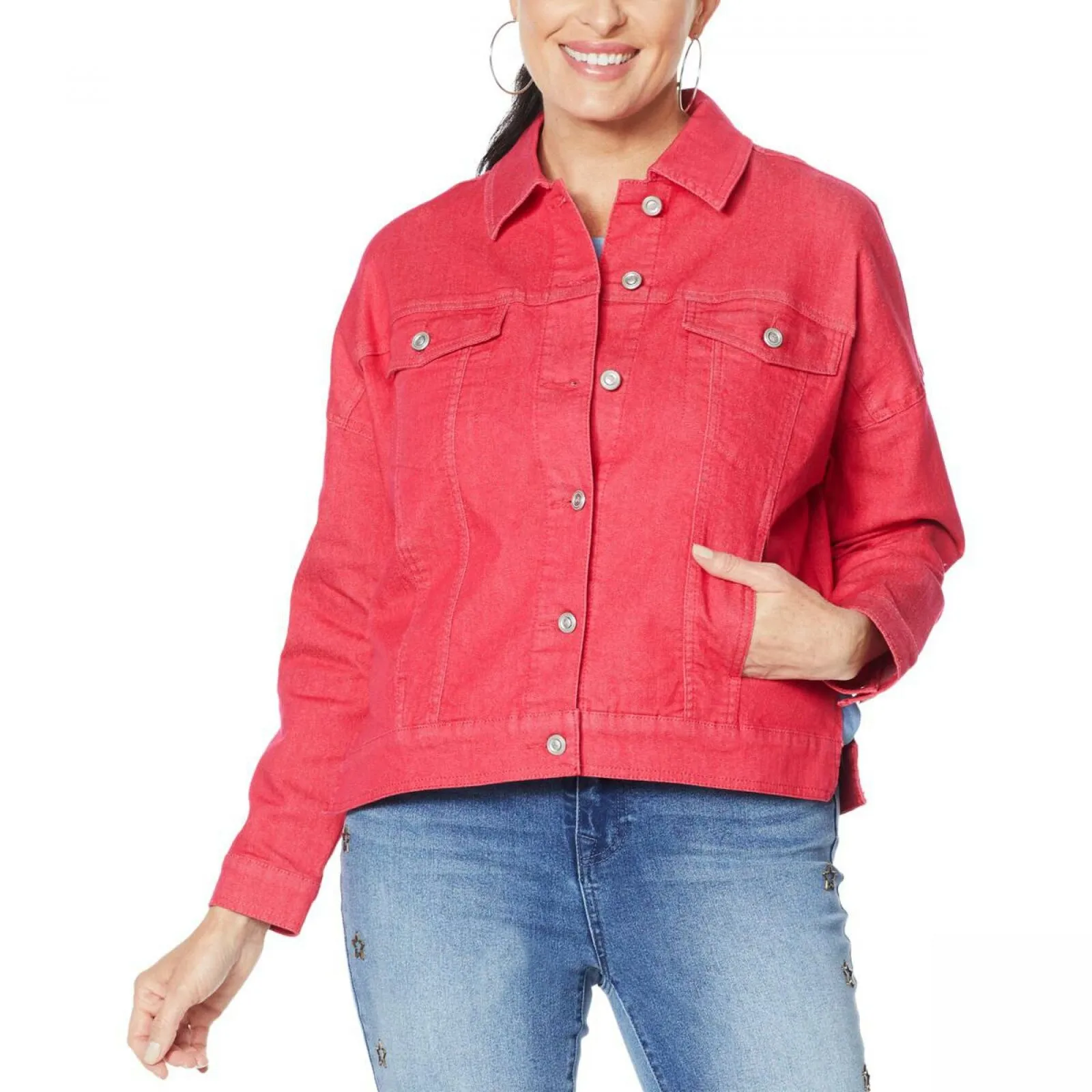 DG2 by Diane Gilman Women's Plus Size Fringed Star Denim Jean Jacket