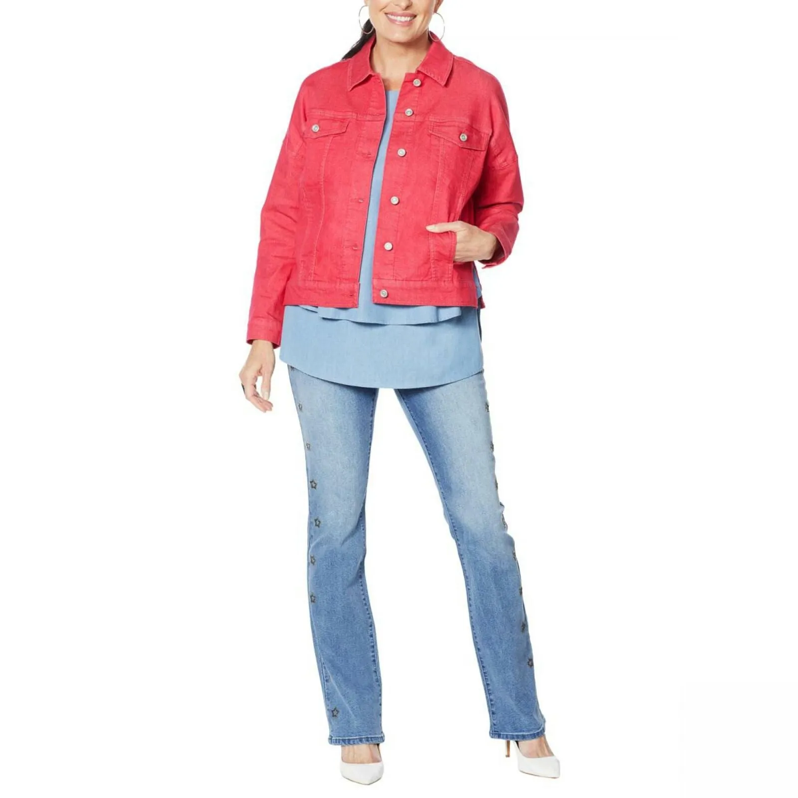 DG2 by Diane Gilman Women's Plus Size Fringed Star Denim Jean Jacket