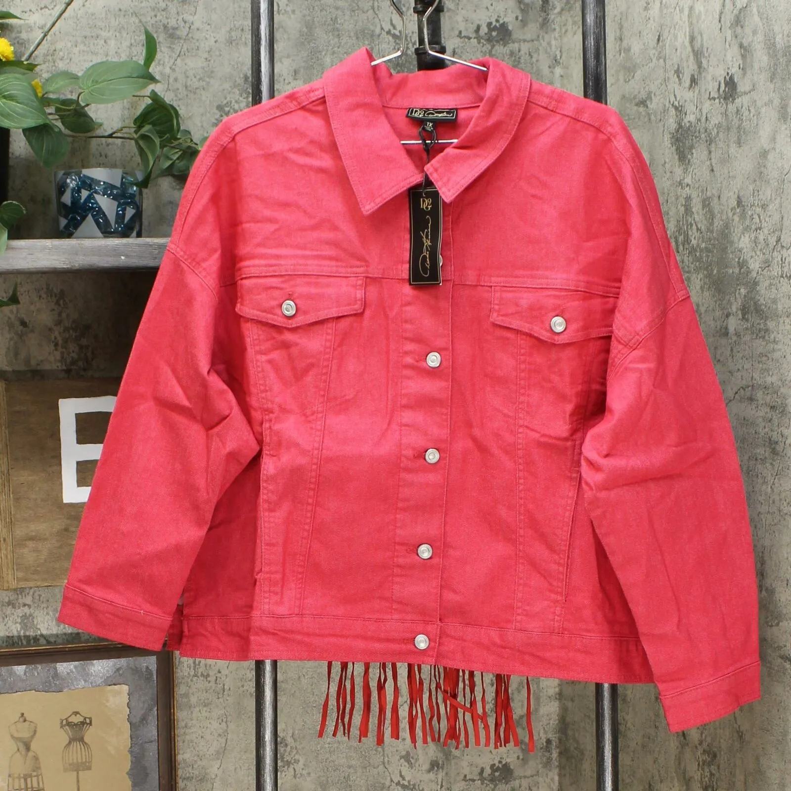 DG2 by Diane Gilman Women's Plus Size Fringed Star Denim Jean Jacket