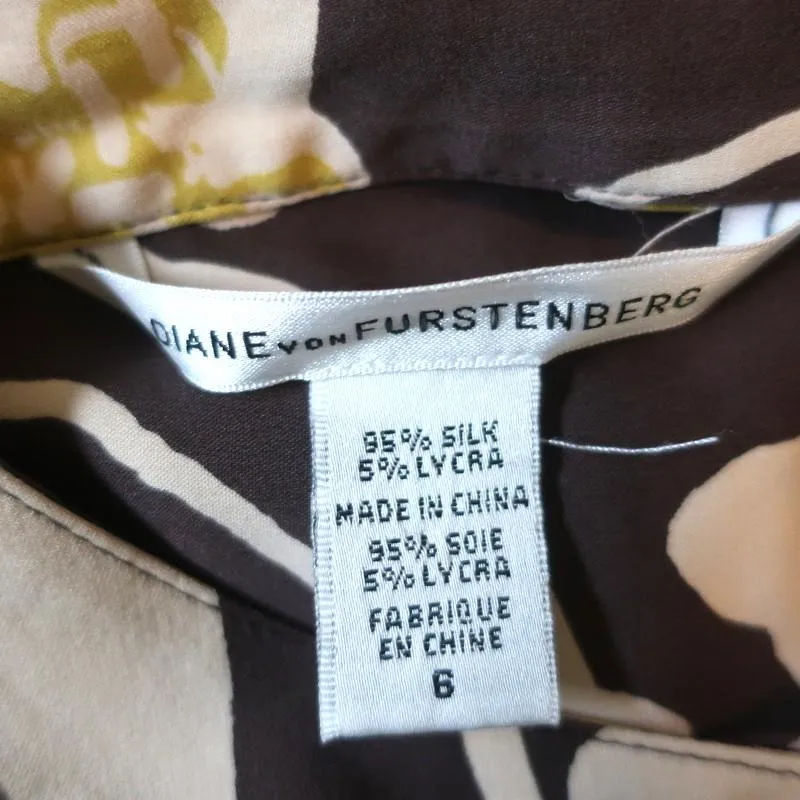 Diane von Furstenberg Dress Johann Brown/Beige Floral Print Stretch Silk Size 6