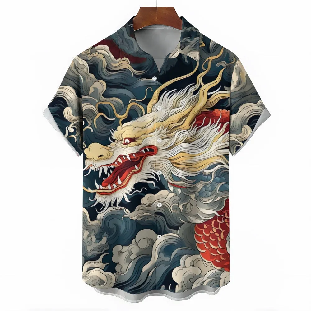 Dragon Print Casual Oversized Short Sleeve Shirt 2407001210