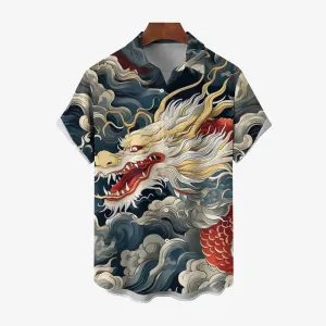 Dragon Print Casual Oversized Short Sleeve Shirt 2407001210