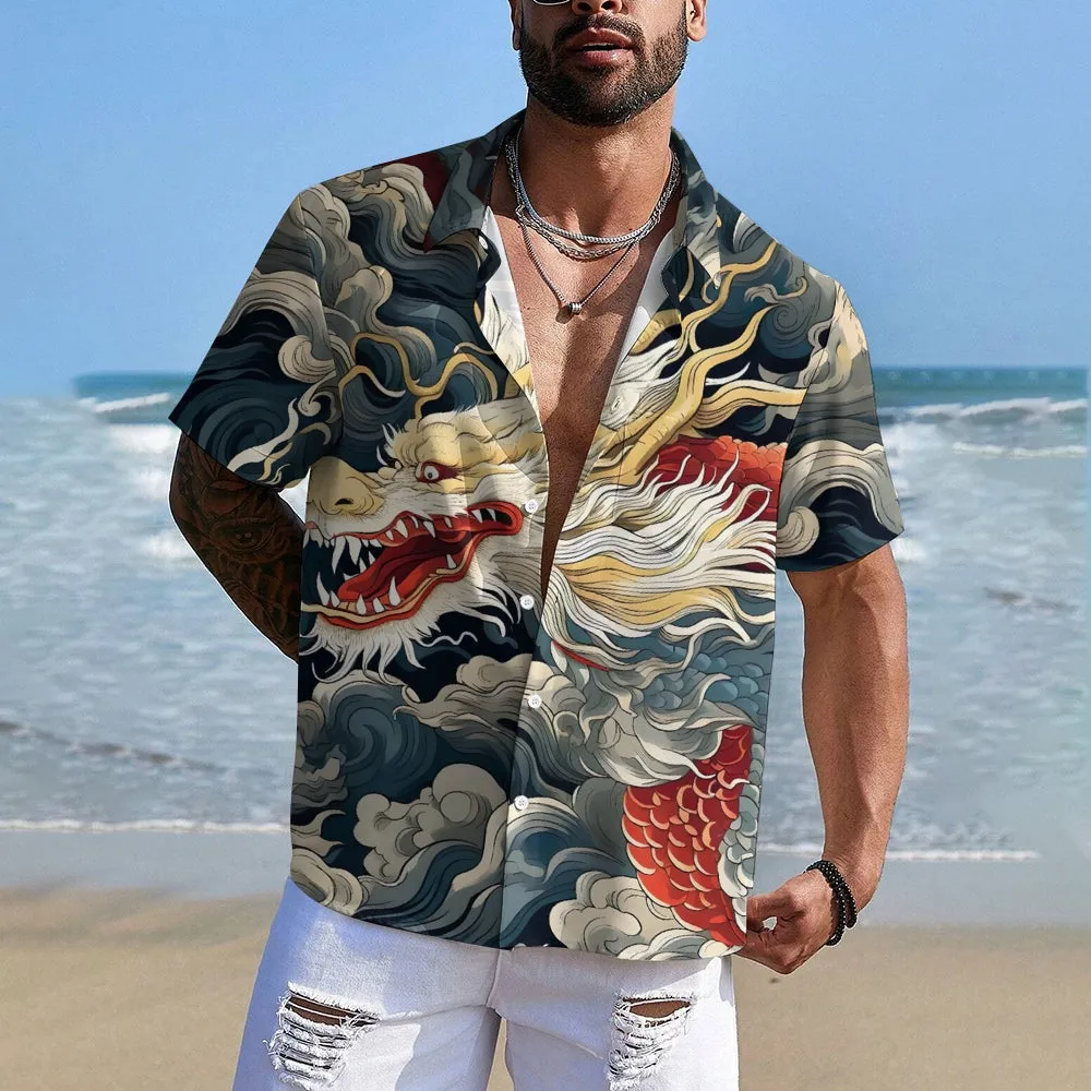 Dragon Print Casual Oversized Short Sleeve Shirt 2407001210