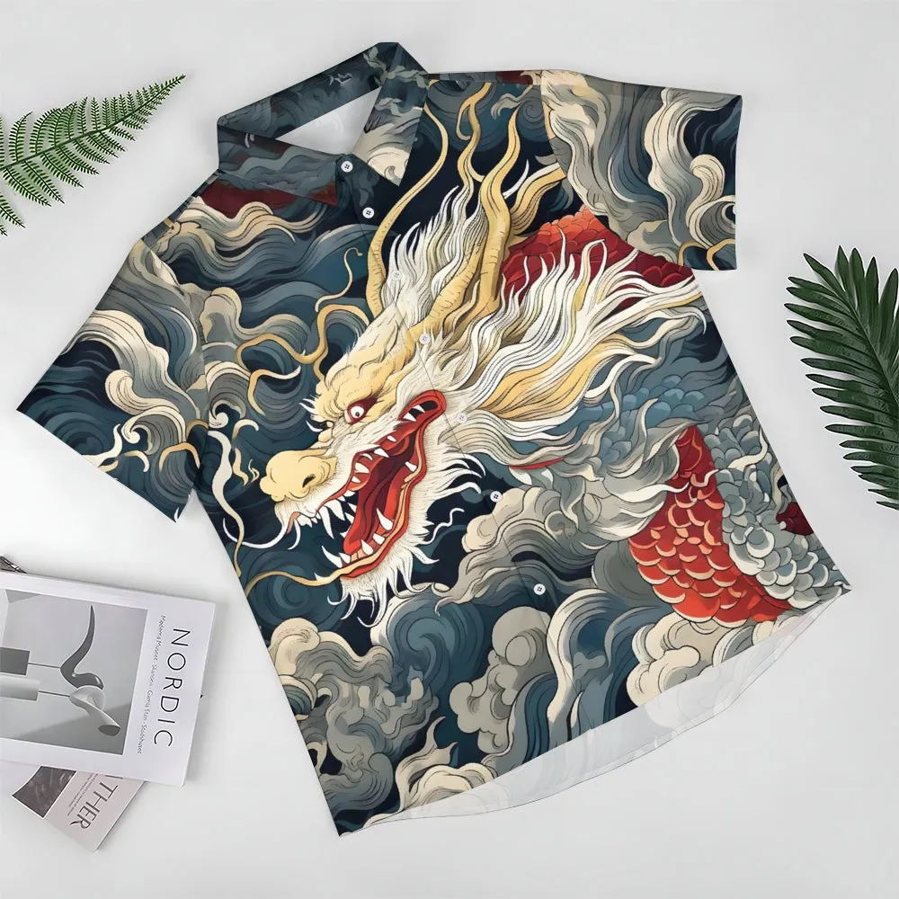 Dragon Print Casual Oversized Short Sleeve Shirt 2407001210
