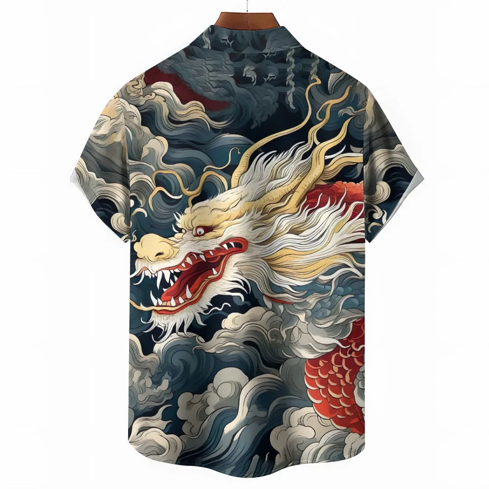 Dragon Print Casual Oversized Short Sleeve Shirt 2407001210
