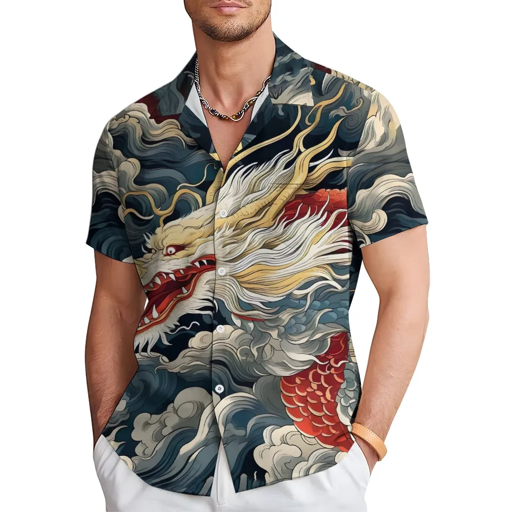 Dragon Print Casual Oversized Short Sleeve Shirt 2407001210