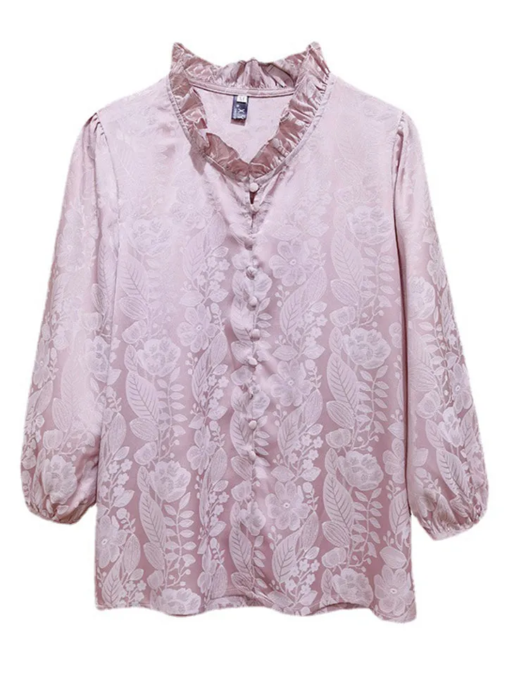 Elegant Puff Sleeve Floral Pattern Faux Silk Shirt for Women
