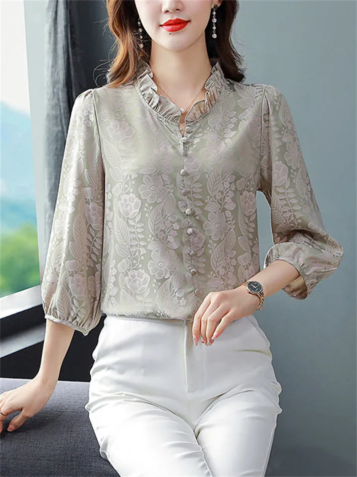 Elegant Puff Sleeve Floral Pattern Faux Silk Shirt for Women