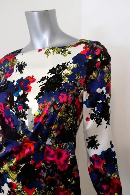 Erdem Dress Ivory/Multi Floral Print Silk Satin Size 6 Long Sleeve Sheath