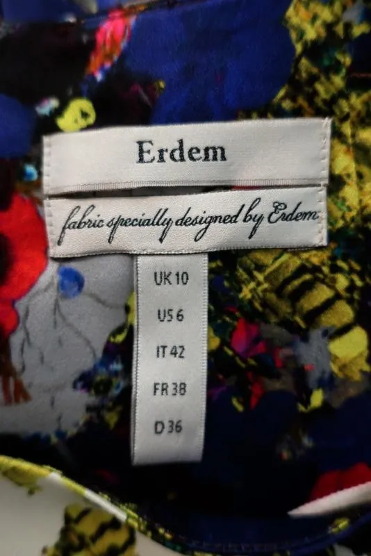 Erdem Dress Ivory/Multi Floral Print Silk Satin Size 6 Long Sleeve Sheath