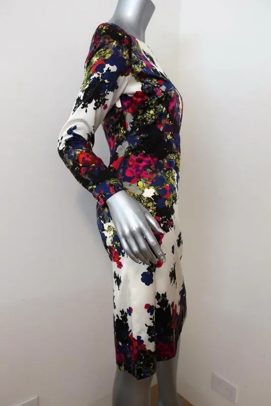 Erdem Dress Ivory/Multi Floral Print Silk Satin Size 6 Long Sleeve Sheath